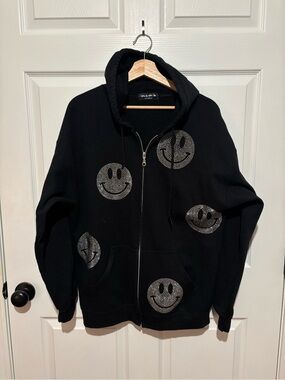 Iamkoko Black Zip-Up Hoodie with Rhinestone Smiley Faces
